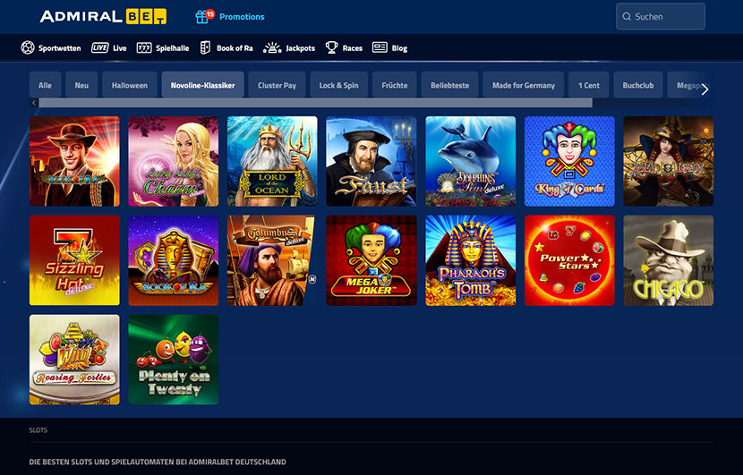 Die Startseite des AdmiralBet Casinos.