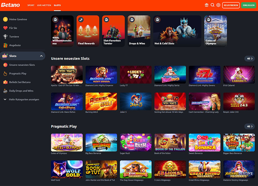 Die Startseite des Betano Casinos.