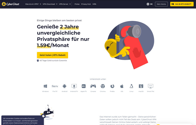 Die Startseite von CyberGhost.