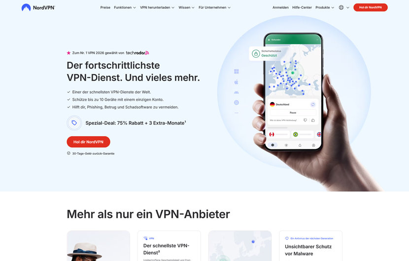 Die Startseite von NordVPN.