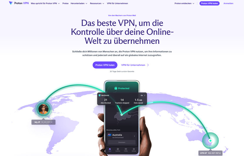 Die Startseite von Proton VPN.