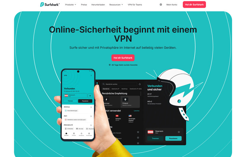Die Startseite von Surfshark.