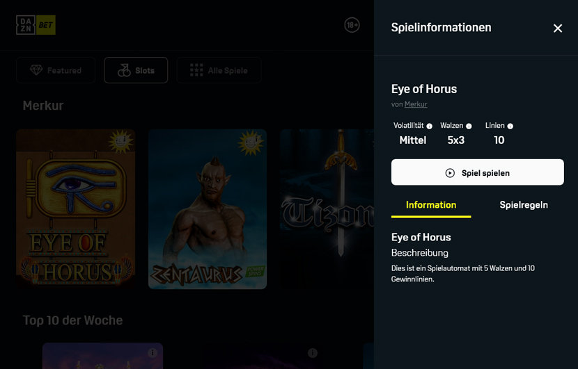 Die Spielinformationen zu Eye of Horus bei DAZN Bet mit Angabe der Volatilität.
