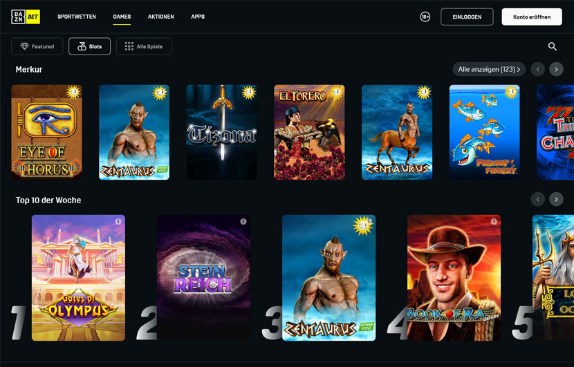 Die Slot-Lobby von DAZN Bet mit Merkur-Automaten.