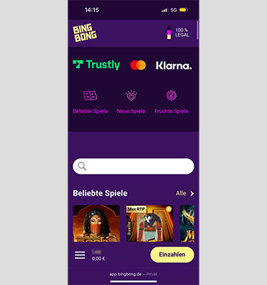 Die Startseite des BingBong Casinos.