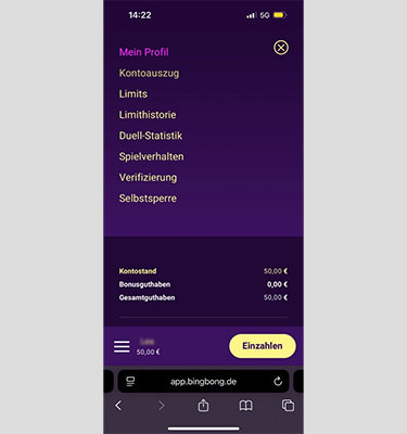 Das Spielerprofil bei BingBong mit dem eingezahlten Betrag von 50€.