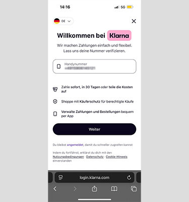 Die Klarna-Webseite mit den Login-Feldern.