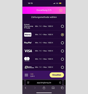 Der Kassenbereich im BingBong mit Klarna als Zahlungsmethode.