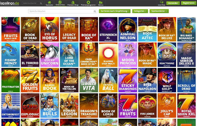 Startseite des Lapalingo Casinos.