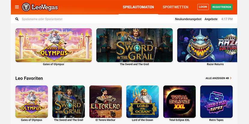 Die Startseite der LeoVegas Online Spielothek.