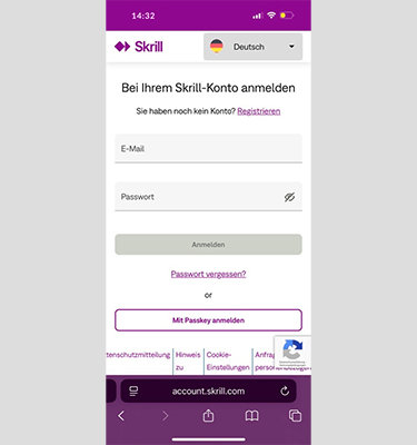 Die Webseite von Skrill mit der Login-Maske.