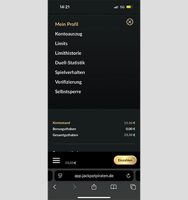 Der Spieler-Account bei JackpotPiraten mit dem überwiesenen Einzahlungsbetrag von 25€.