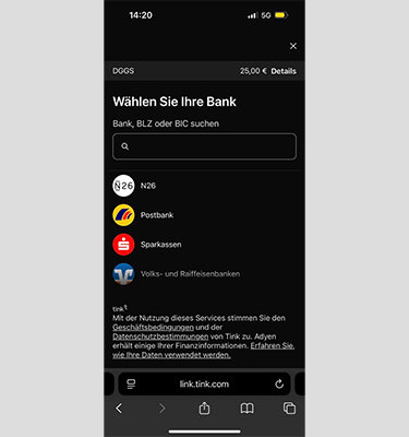 Die Oberfläche, in der man die Bank auswählen muss, bei der man ein Konto besitzt.