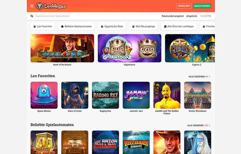 Die Startseite der LeoVegas Online Spielothek.