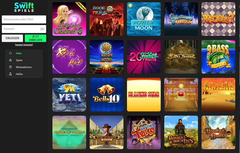 Die Startseite des Swift Spiele Casinos.